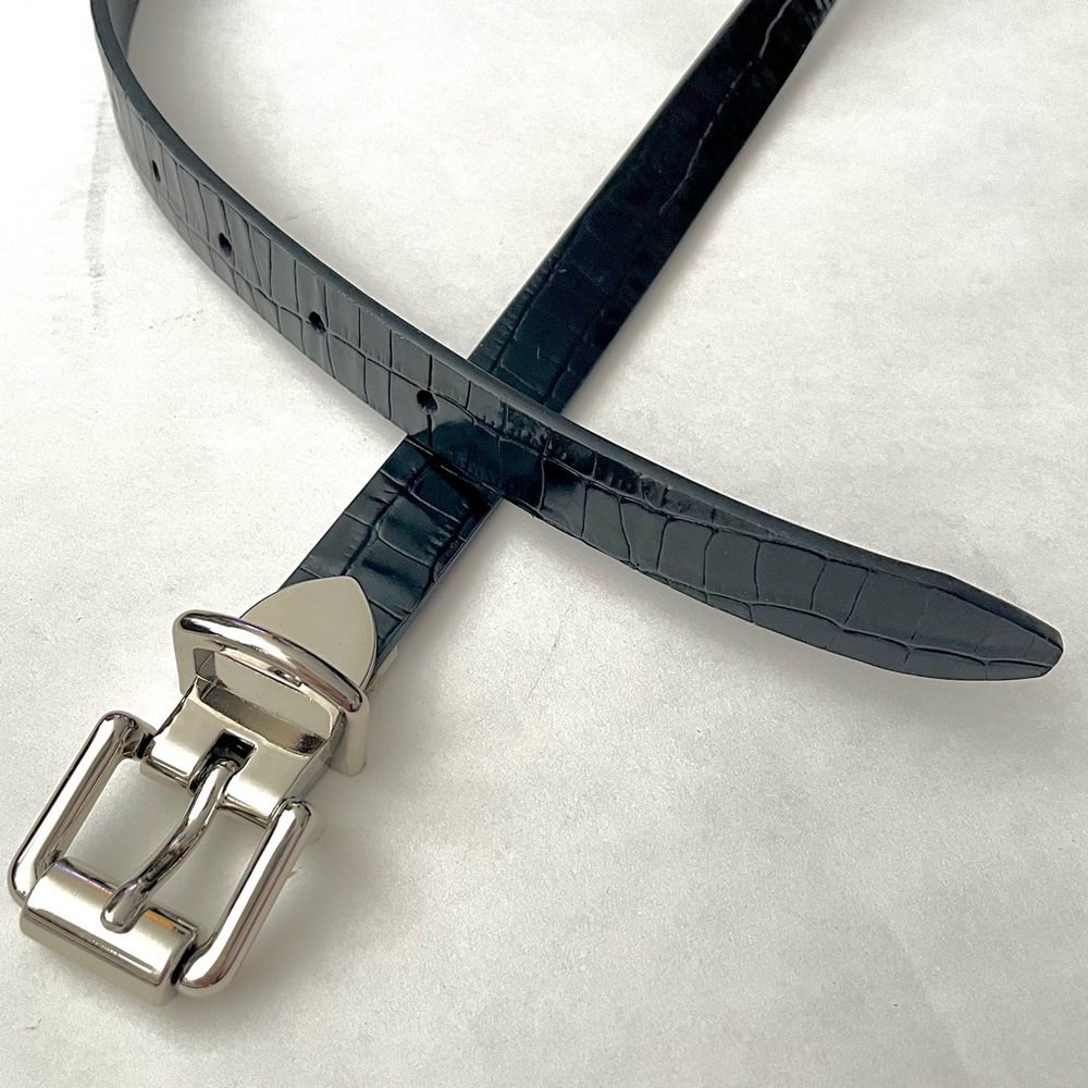 Rebecca Minkoff 37” Black Alligator Belt Shiny Patent with Silver Buckle